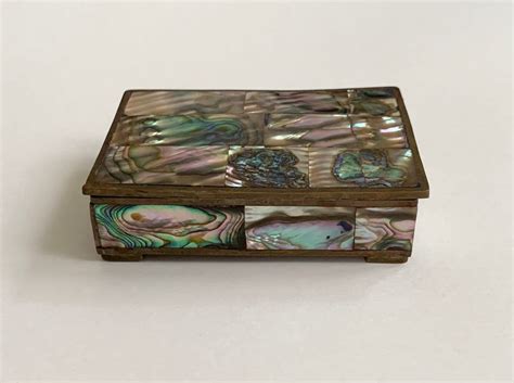 Vintage Abalone Shell Inlay Silvertone Metal Trinket Jewelry Box 